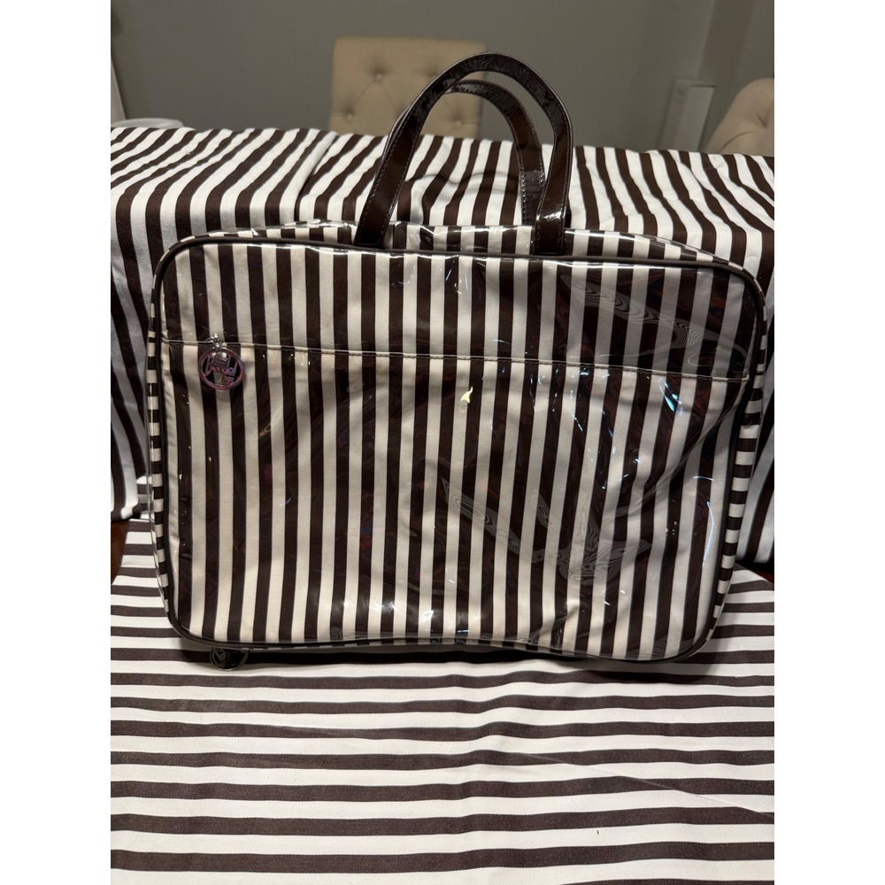 Henri Bendel Brown White Striped Hanging Toiletry Bag Makeup Case Set 2pc